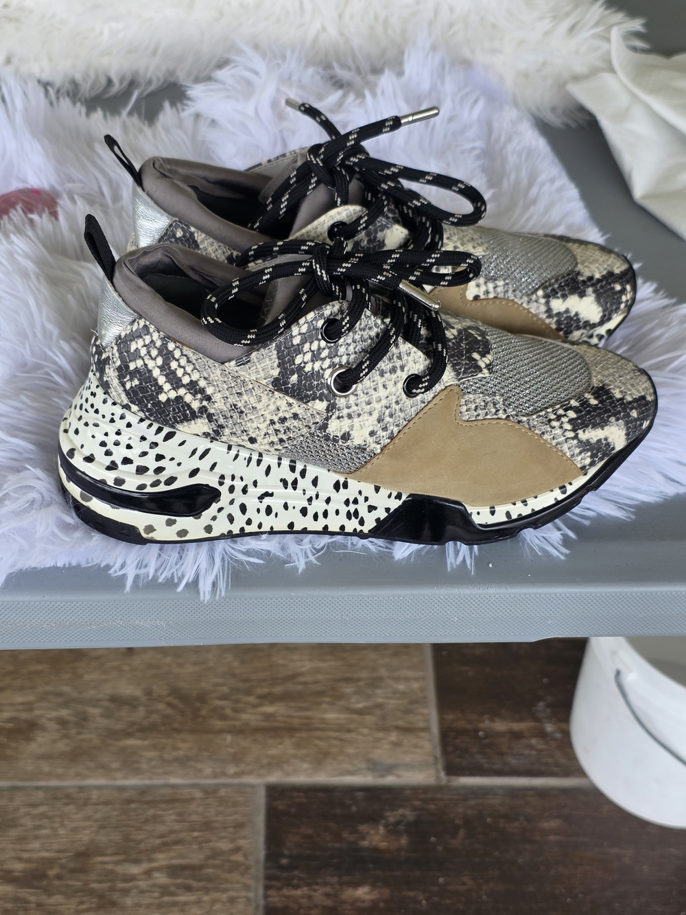 Steve Madden Women's Snake Print Mixed-Media Chunky Sneakers - Black, White, Tan